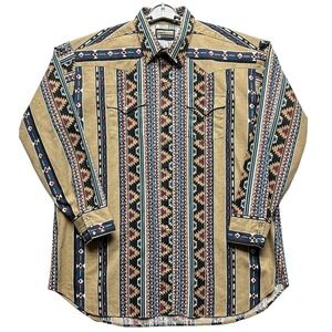 VTG Panhandle Slim Shirt Mens XXL Beige Aztec Stripe Pearl Snap‎ Western Cowboy